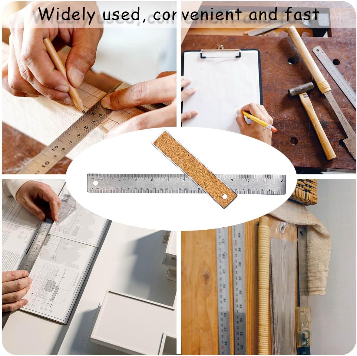 Metal Ruler 6 Inch 12 Inch Stainless Steel Metal Ruler with Cork Backing, Non-Slip Rulers with Inch and Centimeters, Straight Edge Cork Base Rulers for Student School Office Drafting Tools