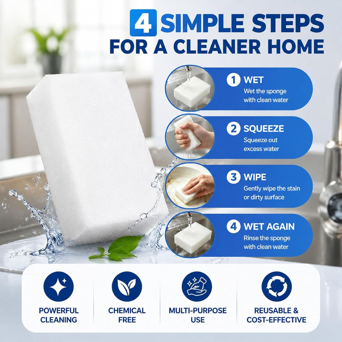 Magic Cleaning Sponges Eraser, 100 Pack Melamine Sponge Foam Pads, Multi-Functional Household Cleaner for Kitchen, Bathroom, Bathtub, Sink, Floor, Baseboard, Wall, Furniture