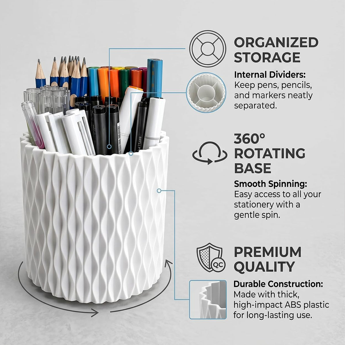 Lebenrich Rotating Pen Holder for Desk, Cute White Pencil Holder, Pen Cup