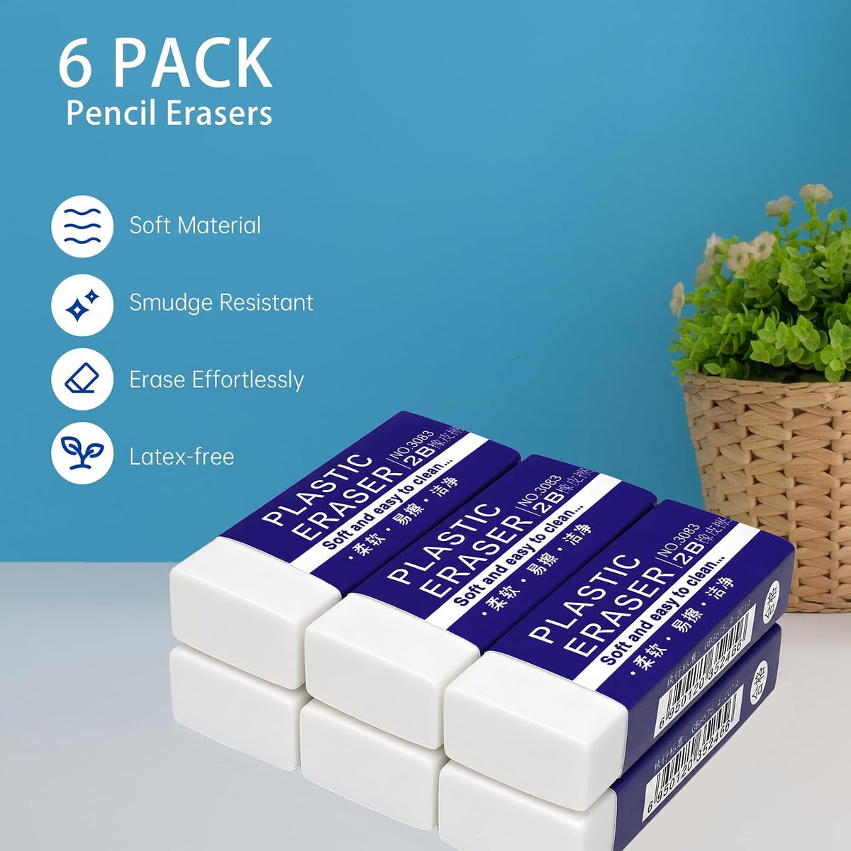 Eraser, Large, White, 6 Pack | Block Eraser for School Office, Art Eraser for Drawing