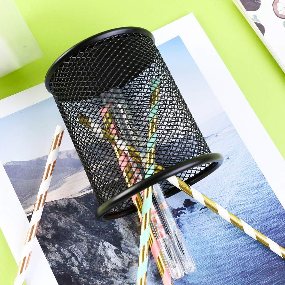 Ameceres 4 Packs Metal Pencil Cup Wire Mesh Pen Holder for Desk (Black)