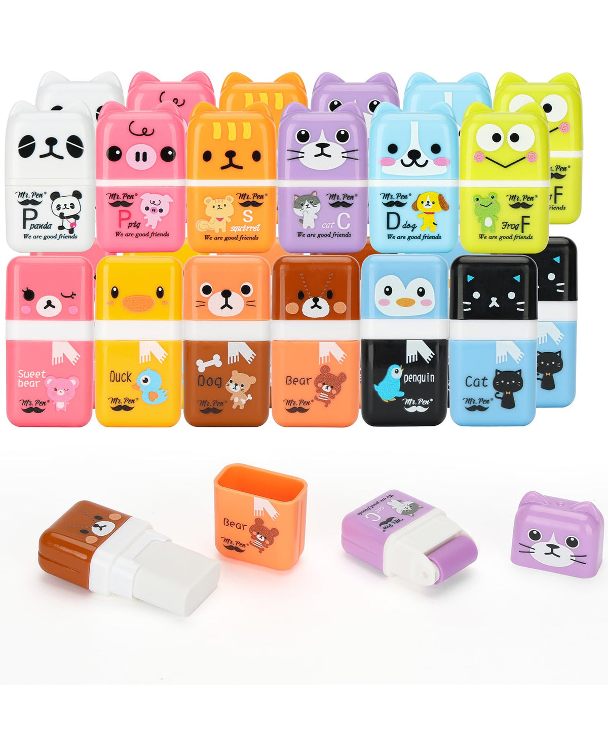 Mr. Pen- Cute Animal Eraser with Clean Up Roller and Cover, 12 Pack, Latex-Free, Rubber Pencil Erasers with Collector Rollers for Teens & Kids, Teacher, Classroom, School Supplies, Party Favor