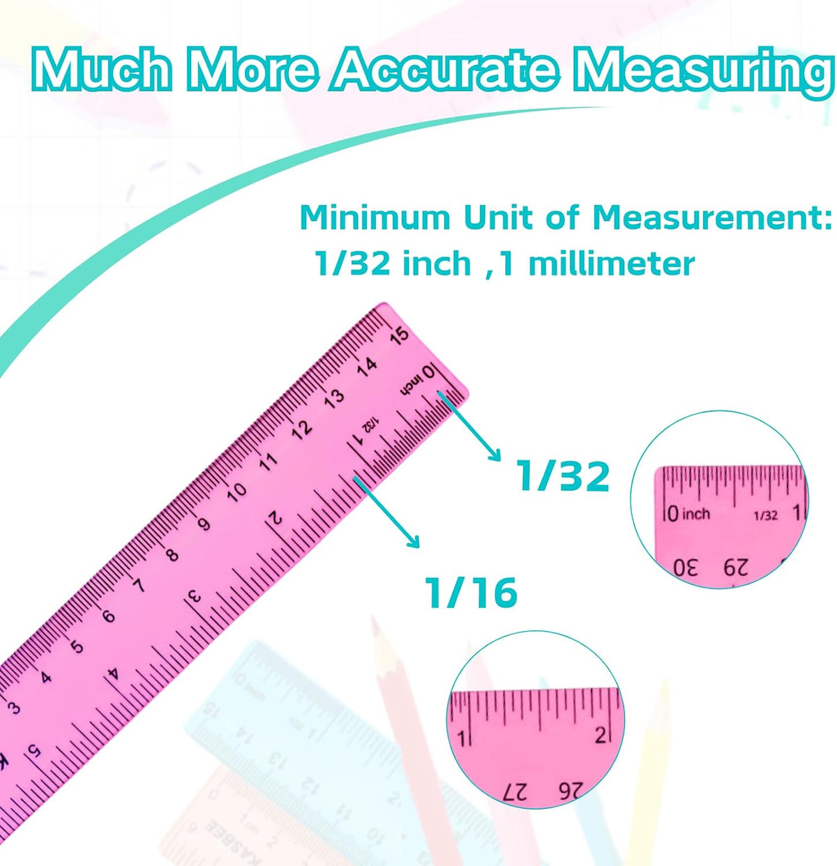 6 Inch Ruler Plastic, Colored Clear Rulers for Kids, School, Office, 7PCS