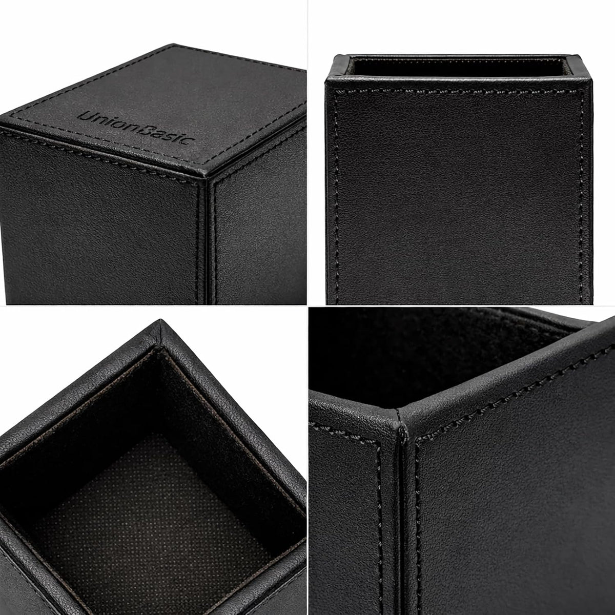 UnionBasic Square Pen Holder, Leather Pencil Cup, Desktop Caddy Stationery Organizer, Black