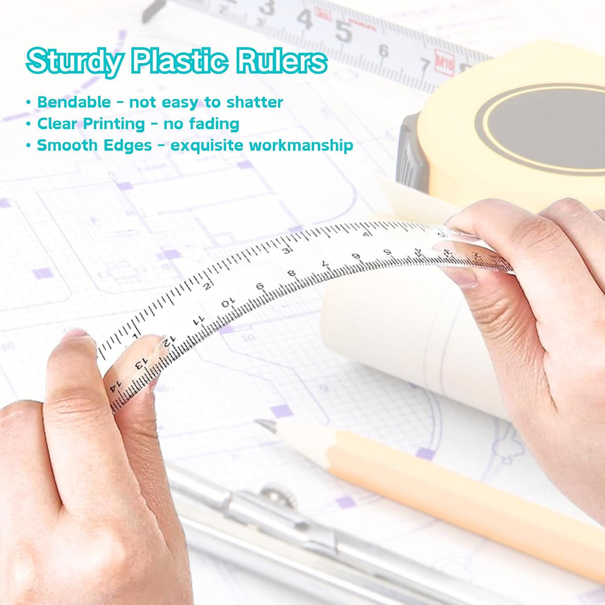6 Inch Ruler Plastic, Colored Clear Rulers for Kids, School, Office, 7PCS