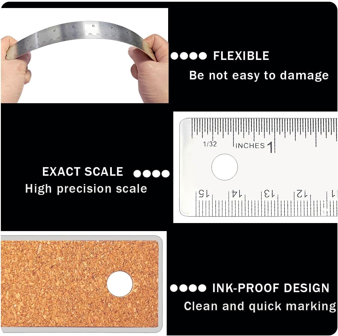 Metal Ruler 6 Inch 12 Inch Stainless Steel Metal Ruler with Cork Backing, Non-Slip Rulers with Inch and Centimeters, Straight Edge Cork Base Rulers for Student School Office Drafting Tools