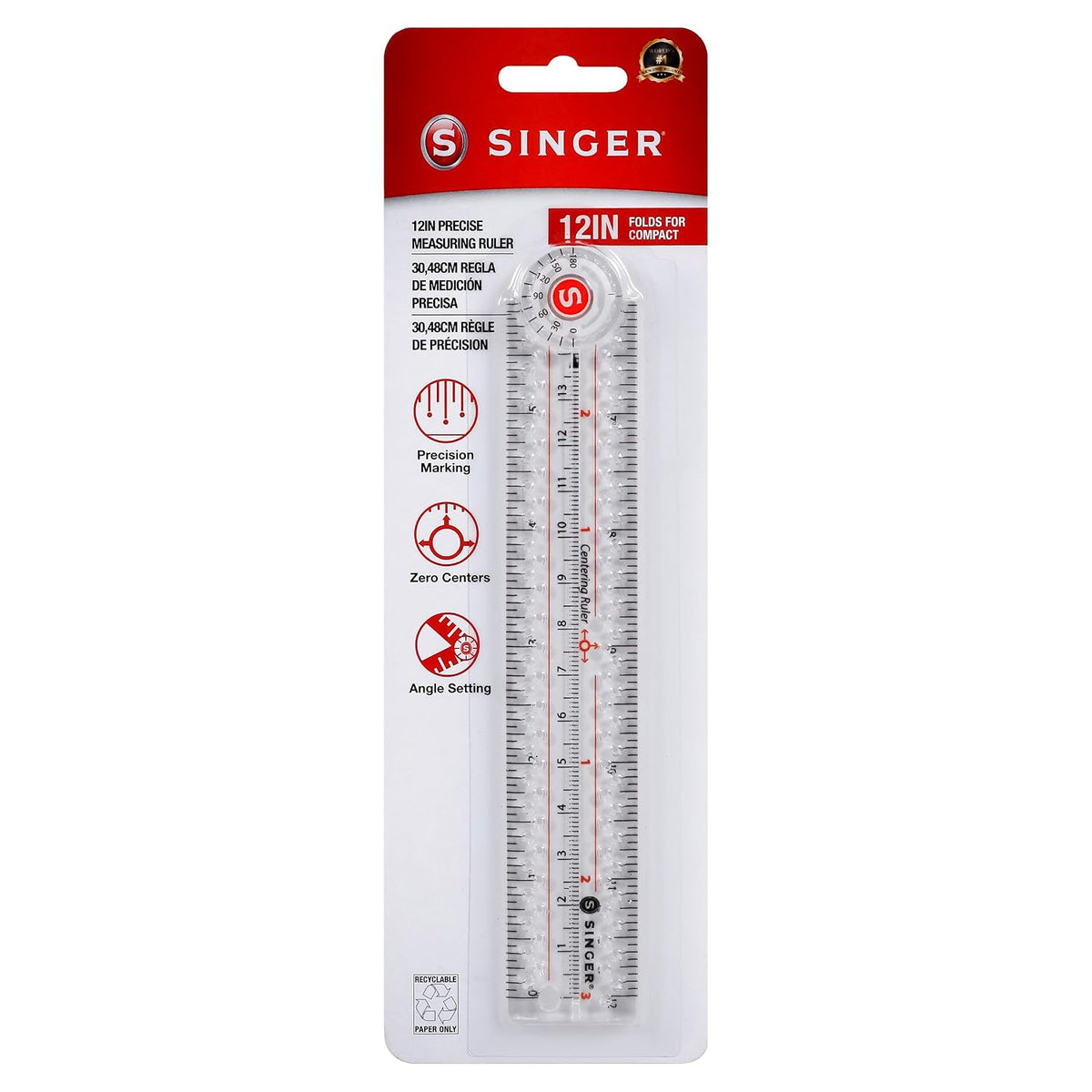 SINGER 12-Inch Folding Ruler with Precision Marking & Zero-Centering for Sewing, Quilting, Crafting & Patternmaking - Clear Metric Ruler - 15 Increment Quick Angle Ruler, Folds to 6”