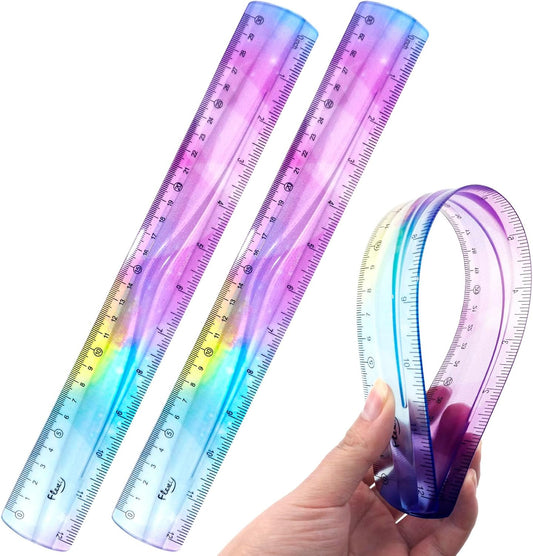 2 PCS 12 Inch Flexible Ruler, Bendable Plastic Ruler, Soft Bendable Gradient Colour Rulers with Centimeters and Inches for Student School Classroom Office Supplies