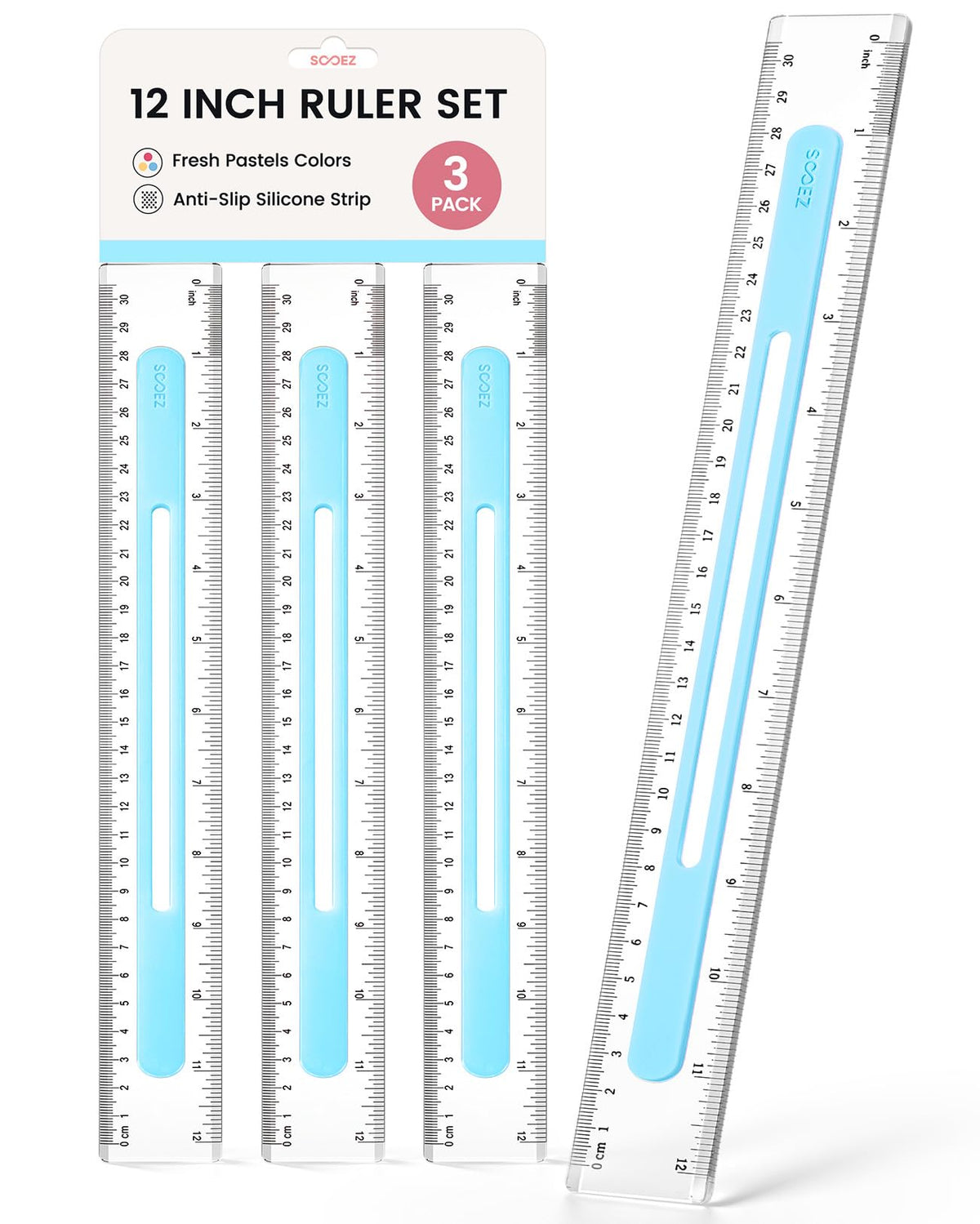 Sooez 6 Pack Ruler 12 Inch, Anti-Slip Clear Rulers for Kids School, Pastels