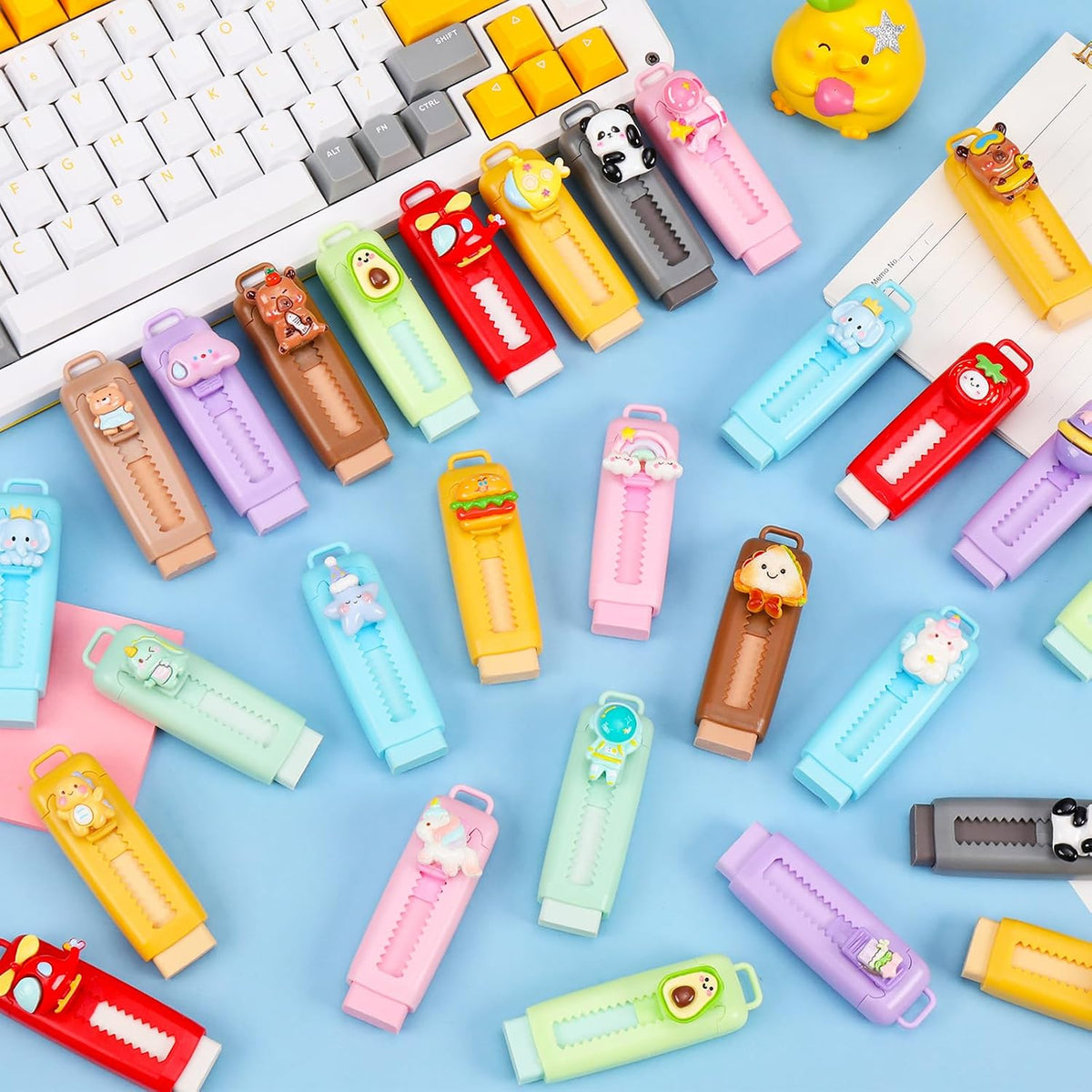 24 Pack Cute Retractable Pencil Erasers for Kids Bulk Kawaii Cartoon Fun Erasers for Teacher Class Rewards Favor School Supplies Home Office Party Gift Filling