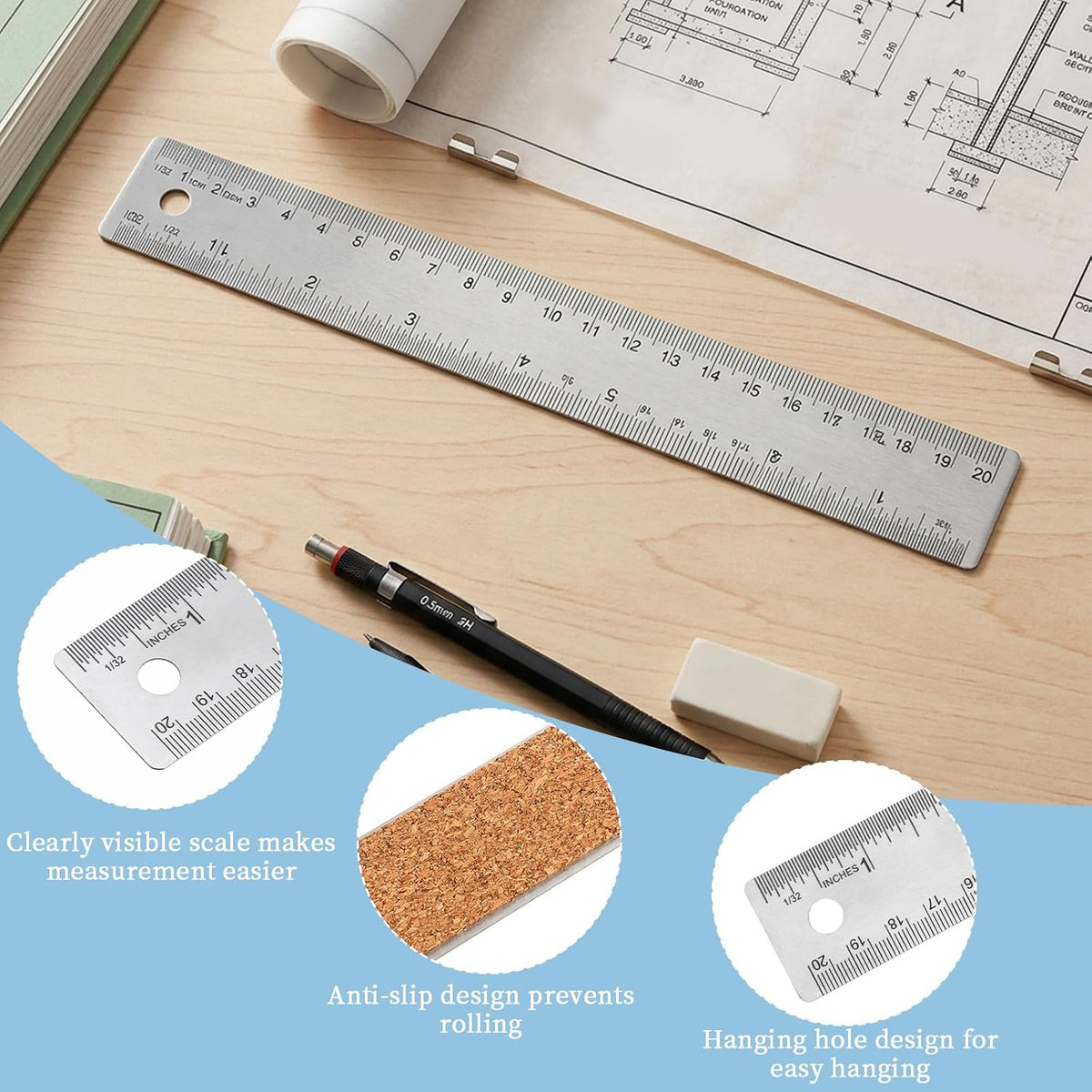 Metal Ruler 8 Inch - Stainless Steel Metal Ruler with Cork Backing Non-Slip Rulers with Inch and Centimeters Straight Edge Cork Base Rulers for School Office Drawing Office Drafting Tools