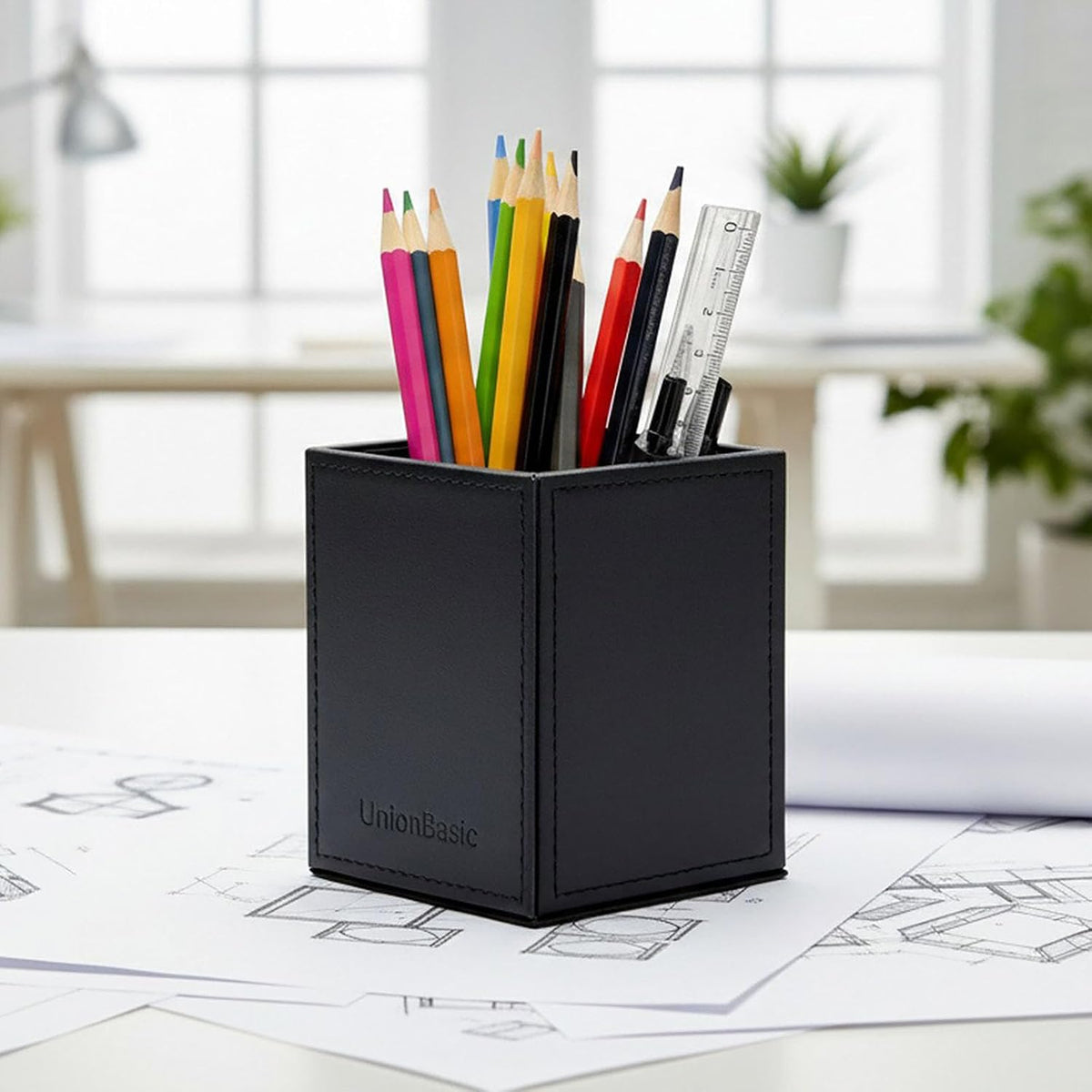 UnionBasic Square Pen Holder, Leather Pencil Cup, Desktop Caddy Stationery Organizer, Black
