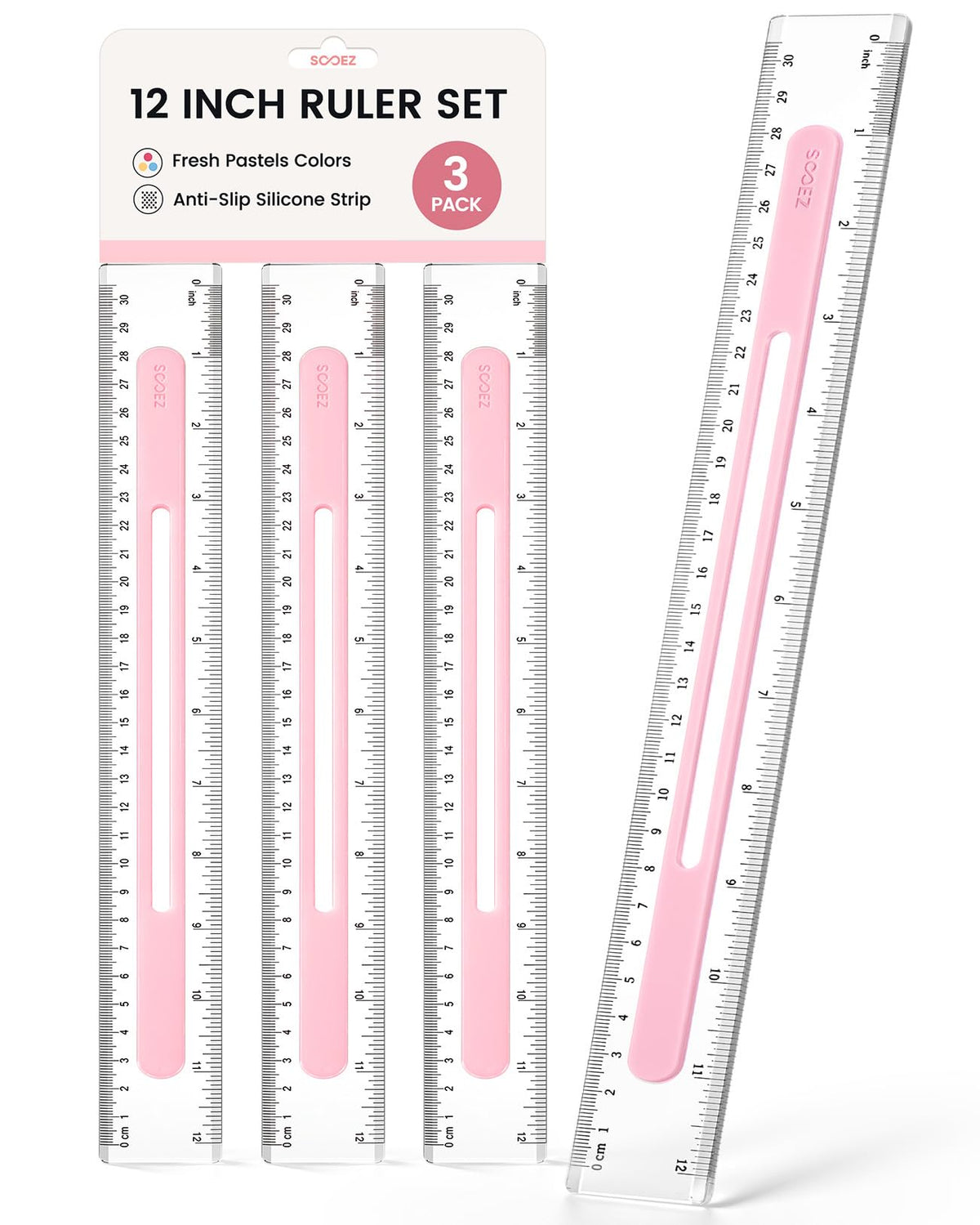 Sooez 6 Pack Ruler 12 Inch, Anti-Slip Clear Rulers for Kids School, Pastels