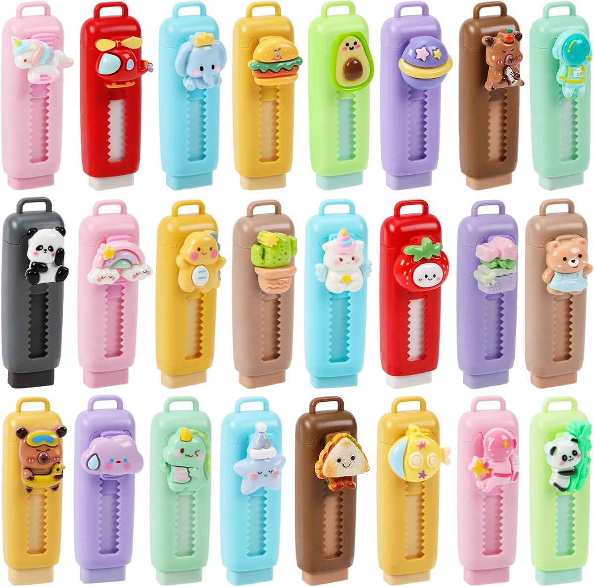 24 Pack Cute Retractable Pencil Erasers for Kids Bulk Kawaii Cartoon Fun Erasers for Teacher Class Rewards Favor School Supplies Home Office Party Gift Filling
