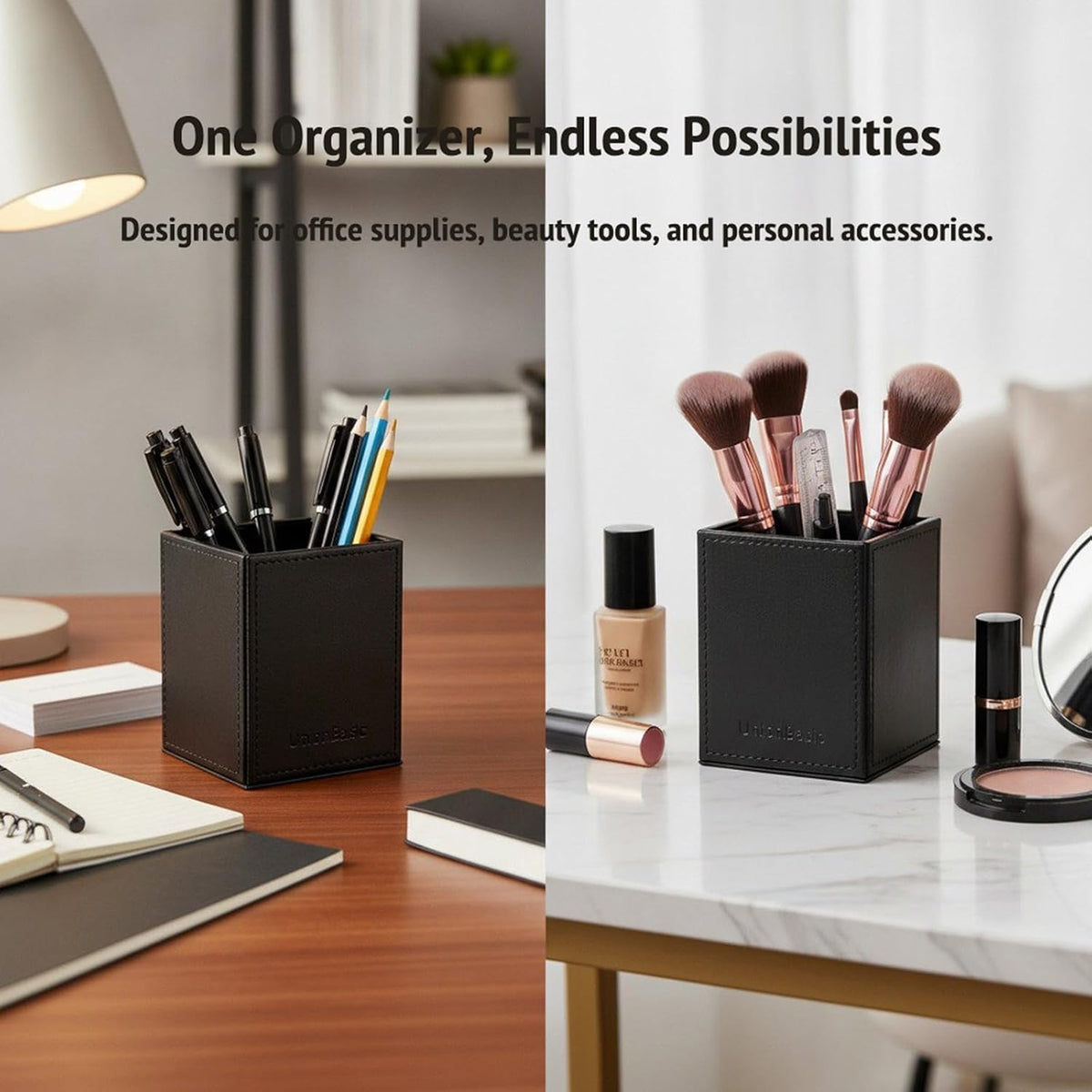 UnionBasic Square Pen Holder, Leather Pencil Cup, Desktop Caddy Stationery Organizer, Black