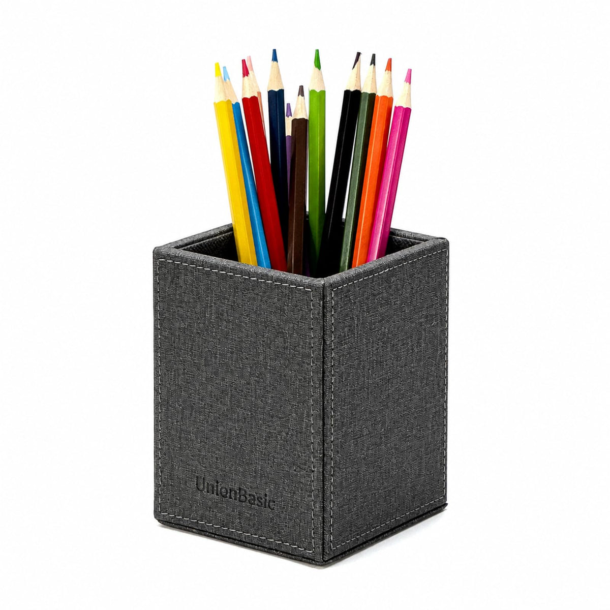 UnionBasic Square Pen Holder, Leather Pencil Cup, Desktop Caddy Stationery Organizer, Black