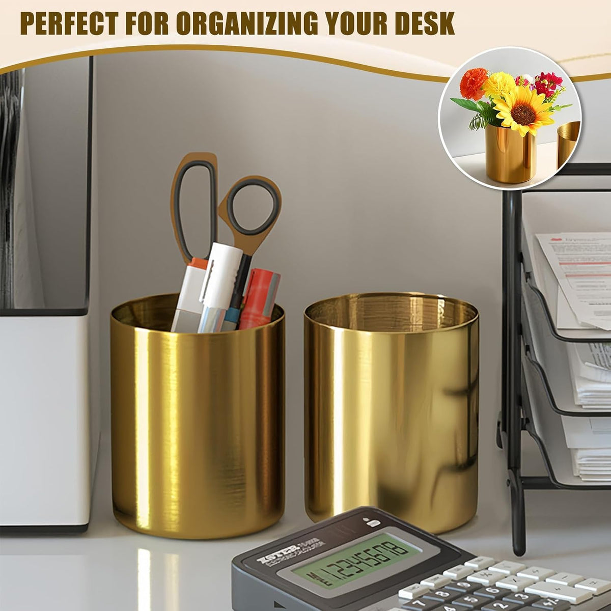 Gold Pen Holder for Desk, 3.6 Inch Stainless Steel Gold Pencil Holder & Pencil Cup, Pen Cup and Makeup Brush Organizer for Office Desk, Vanity, Home Decor