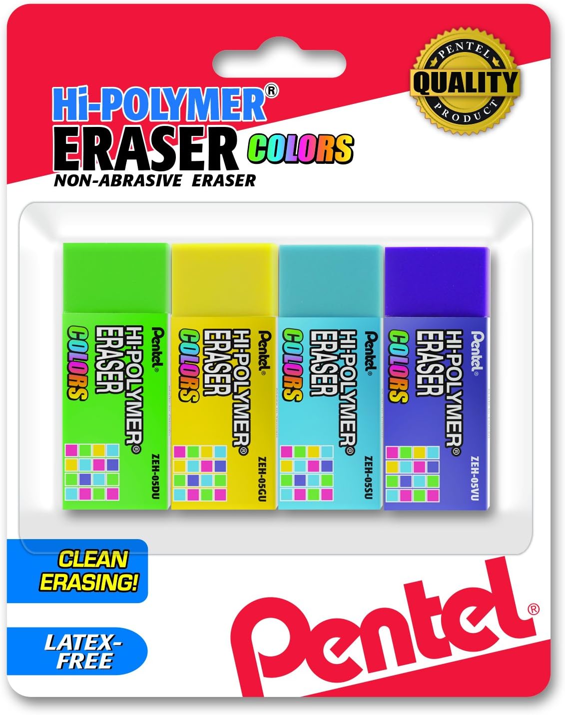 Pentel Hi-Polymer Block Eraser Small, Assorted Colors, Pack of 4 (ZEH05CRBP4M)
