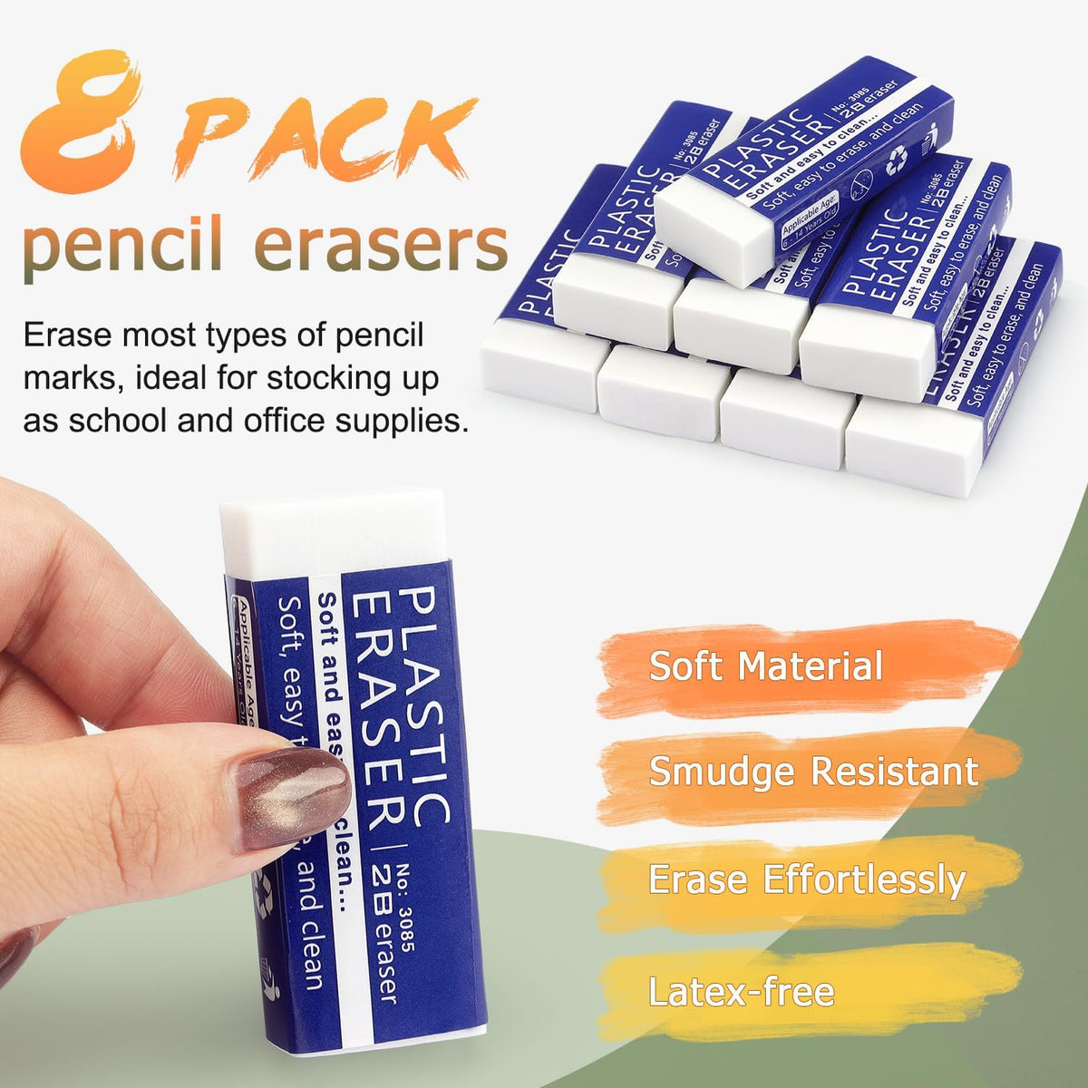 Tamaki 8 Pack Erasers, White, Large, 2.56" x 1"