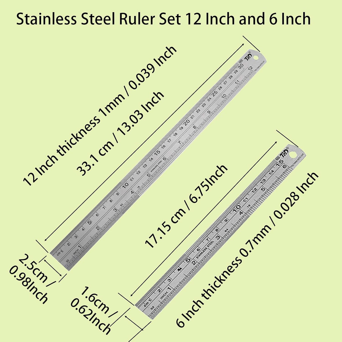 YouOKLight Metal Ruler Set, Stainless Steel 6 Inch and 12 Inch Rulers with Inches and Centimeters, Metric Precision Measuring Drawing Ruler, Silver