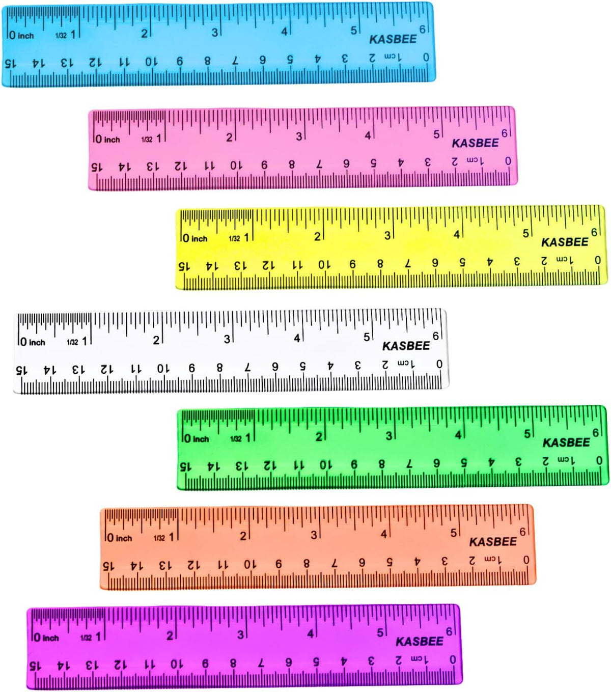 6 Inch Ruler Plastic, Colored Clear Rulers for Kids, School, Office, 7PCS