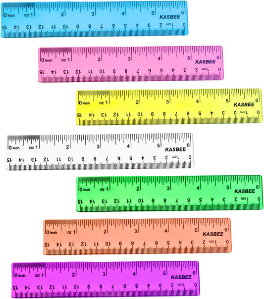 6 Inch Ruler Plastic, Colored Clear Rulers for Kids, School, Office, 7PCS