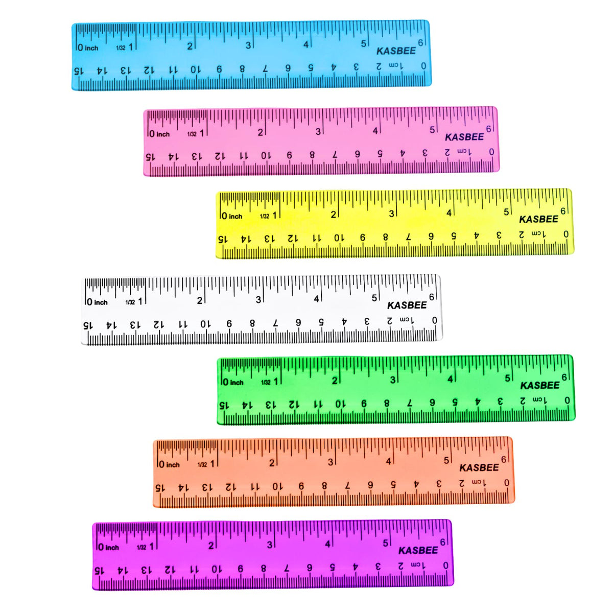 6 Inch Ruler Plastic, Colored Clear Rulers for Kids, School, Office, 7PCS
