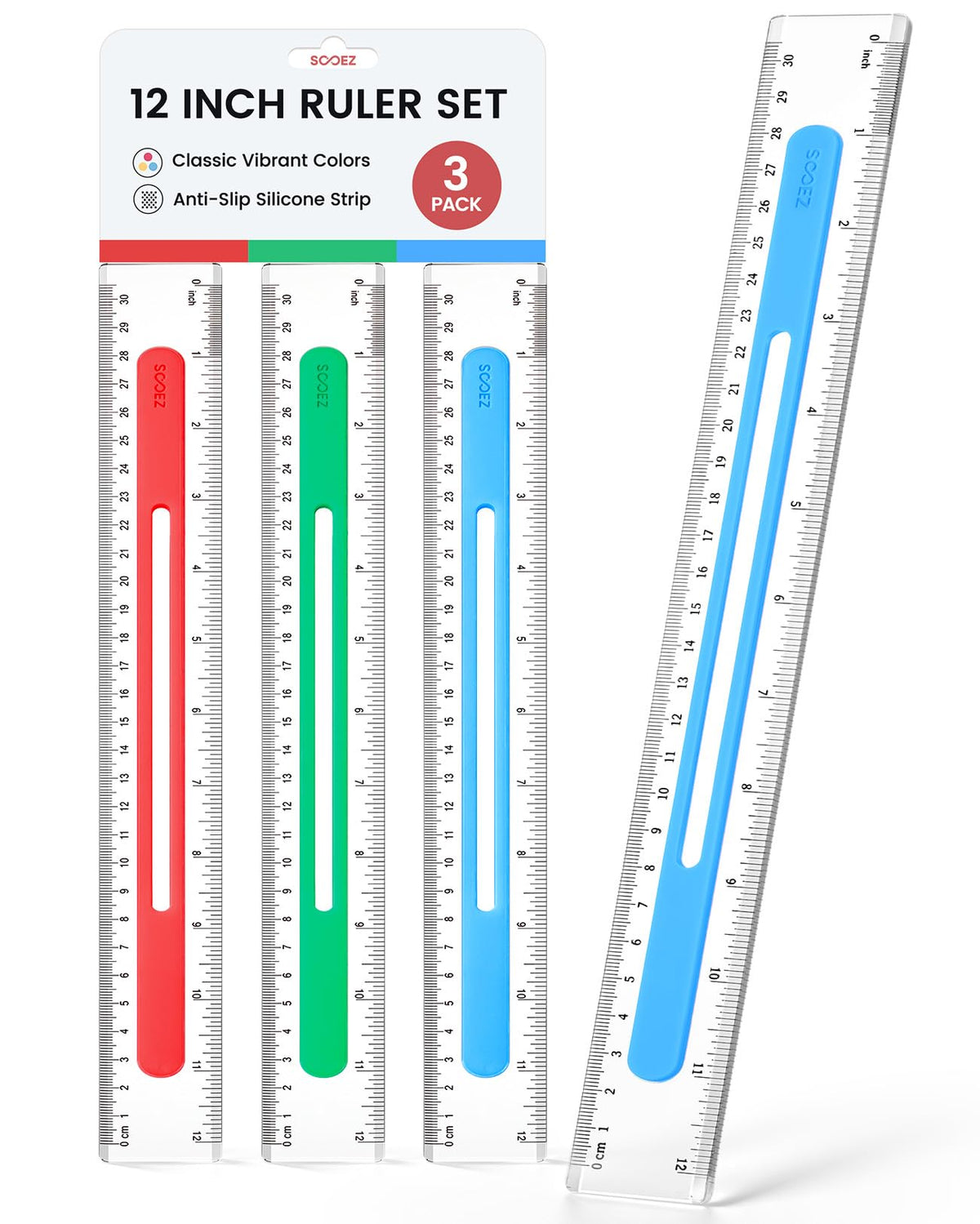 Sooez 6 Pack Ruler 12 Inch, Anti-Slip Clear Rulers for Kids School, Pastels