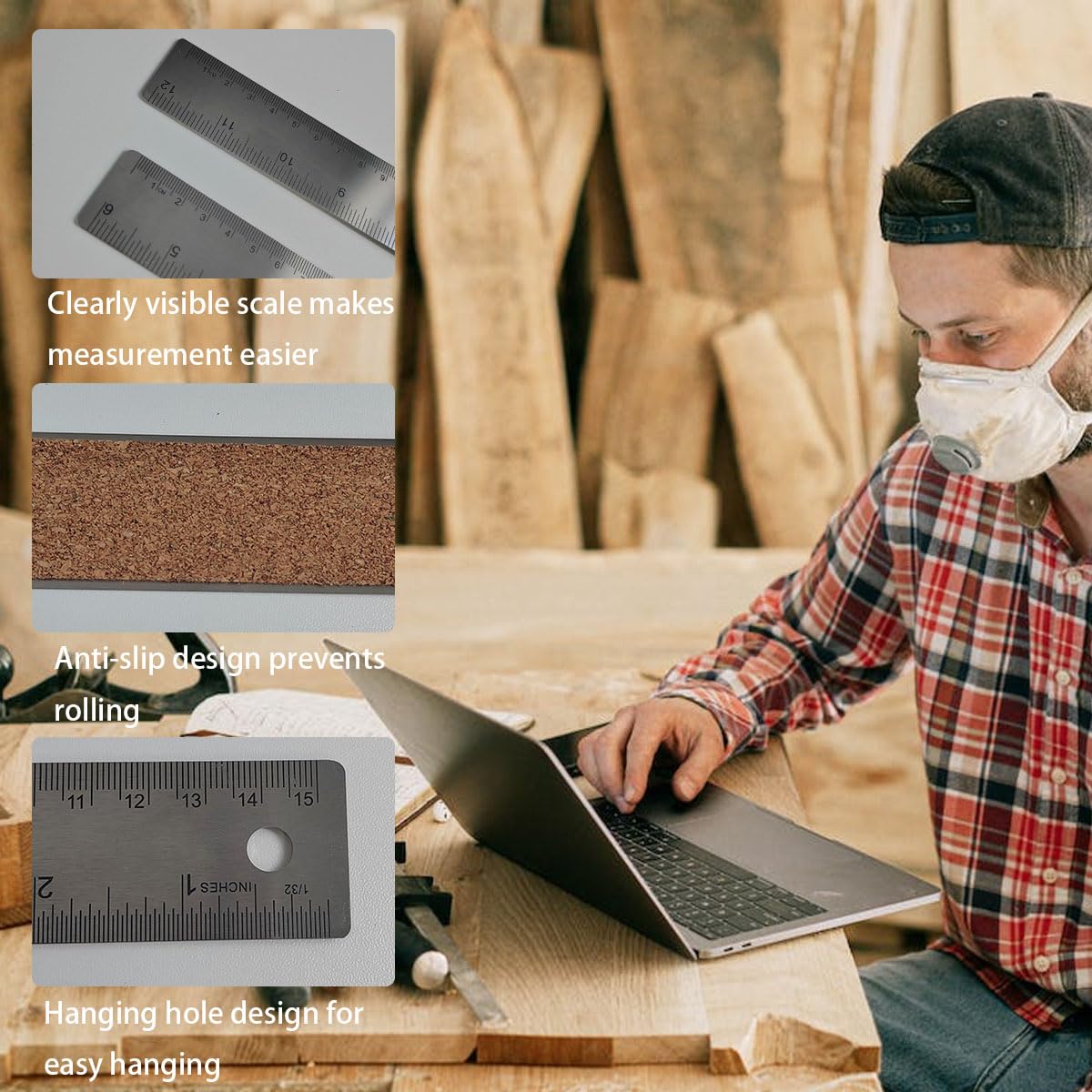 1 Pack 12-Inch Stainless Steel Metal Ruler with Non-Slip Cork Backing