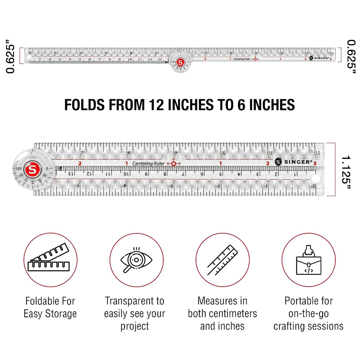 SINGER 12-Inch Folding Ruler with Precision Marking & Zero-Centering for Sewing, Quilting, Crafting & Patternmaking - Clear Metric Ruler - 15 Increment Quick Angle Ruler, Folds to 6”
