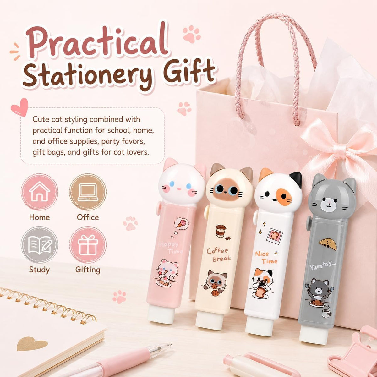 4 Pcs Cute Cat Retractable Pencil Eraser, Push-Pull Rubber Eraser Back to School Supplies for School Home Office Supplies Party Favors Gift
