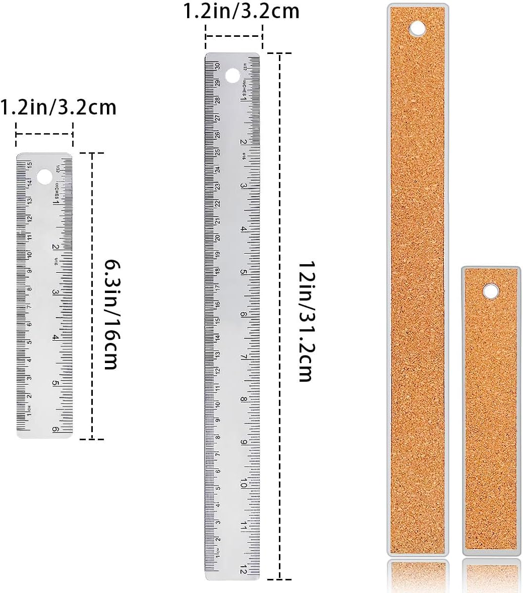Metal Ruler 6 Inch 12 Inch Stainless Steel Metal Ruler with Cork Backing, Non-Slip Rulers with Inch and Centimeters, Straight Edge Cork Base Rulers for Student School Office Drafting Tools