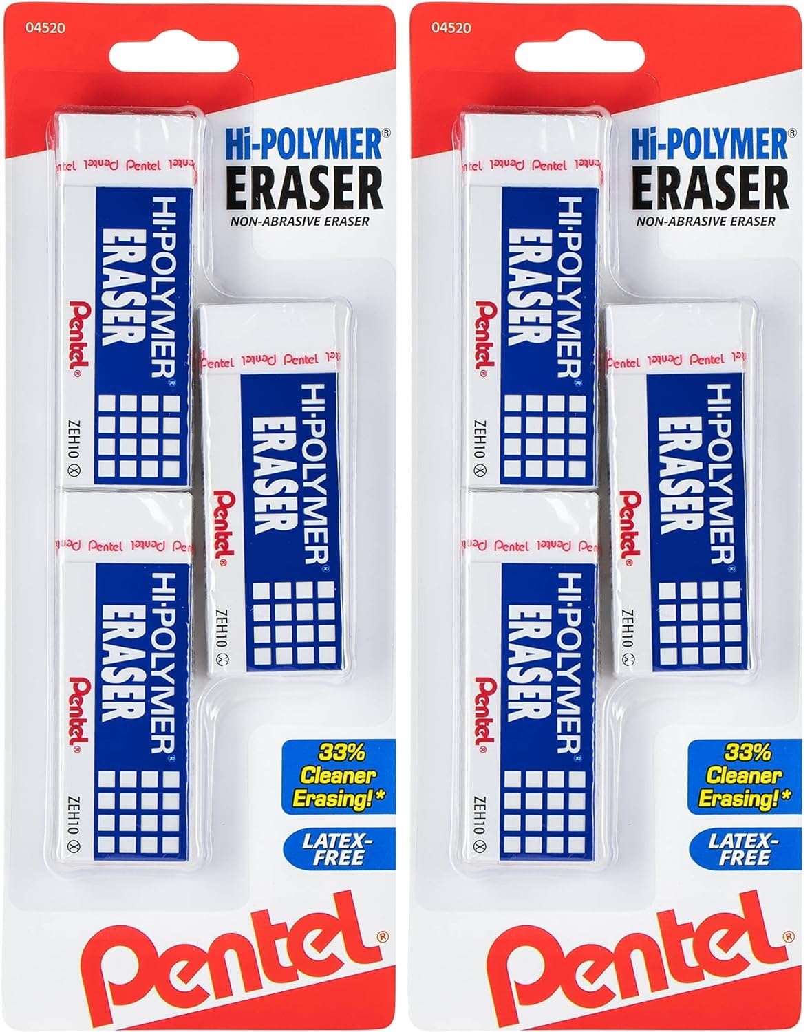 Pentel Hi-Polymer Block Eraser, Large, White, Pack of 3 (ZEH10BP3-K6)