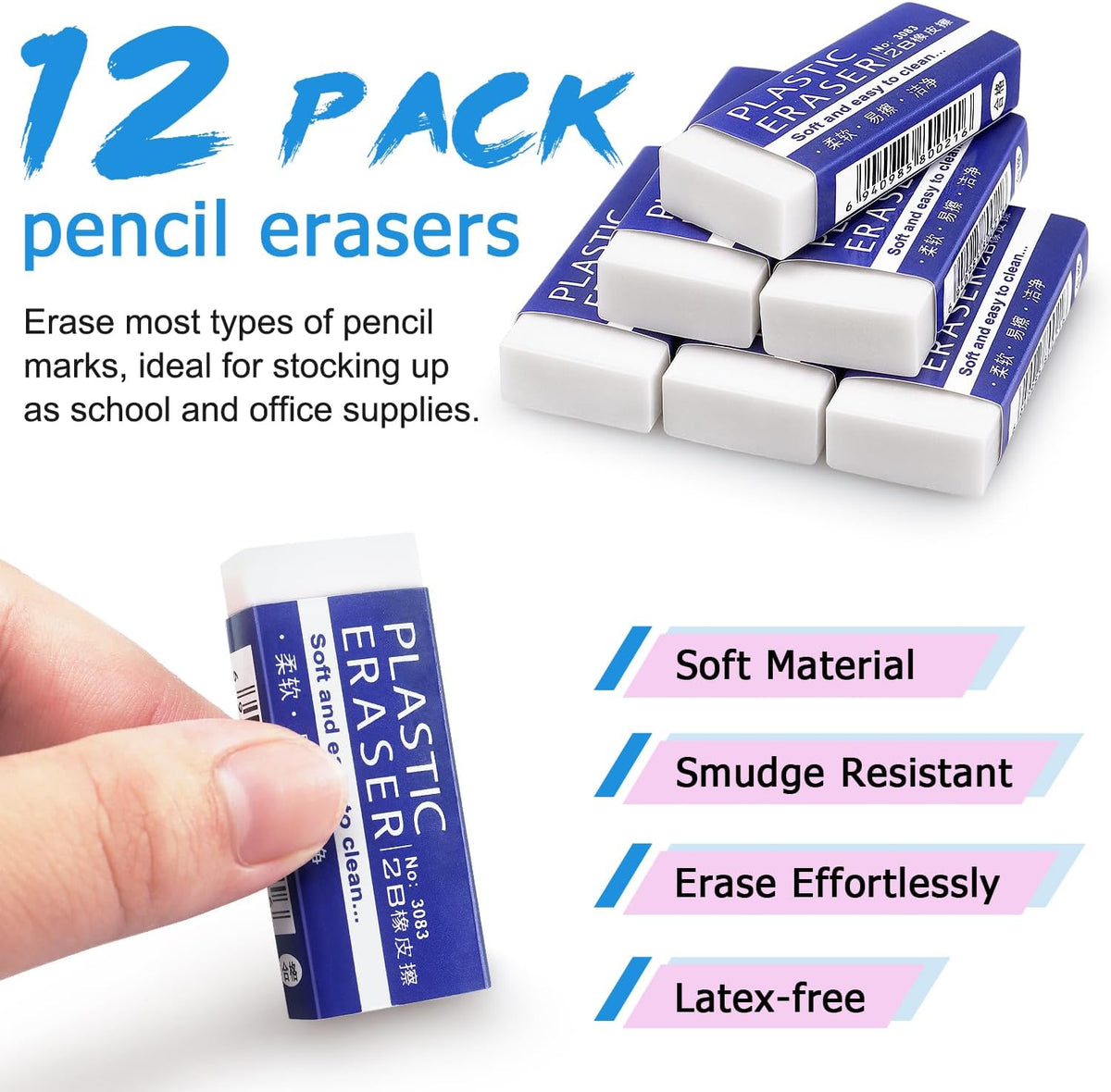 Tamaki Erasers, Large, White, 12 Pack