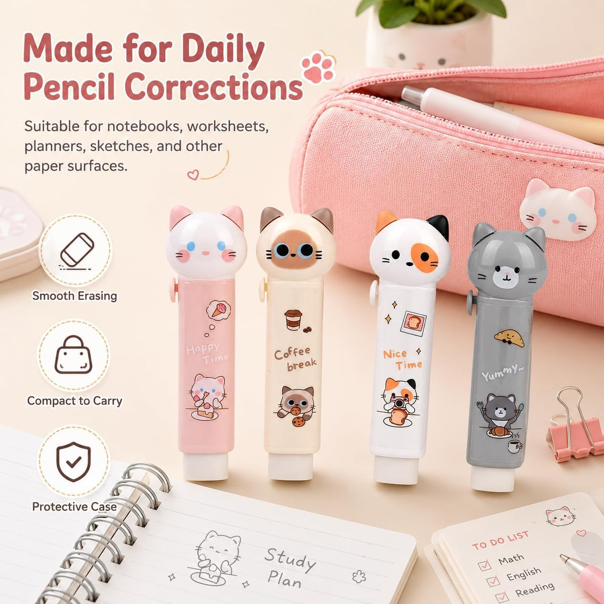 4 Pcs Cute Cat Retractable Pencil Eraser, Push-Pull Rubber Eraser Back to School Supplies for School Home Office Supplies Party Favors Gift