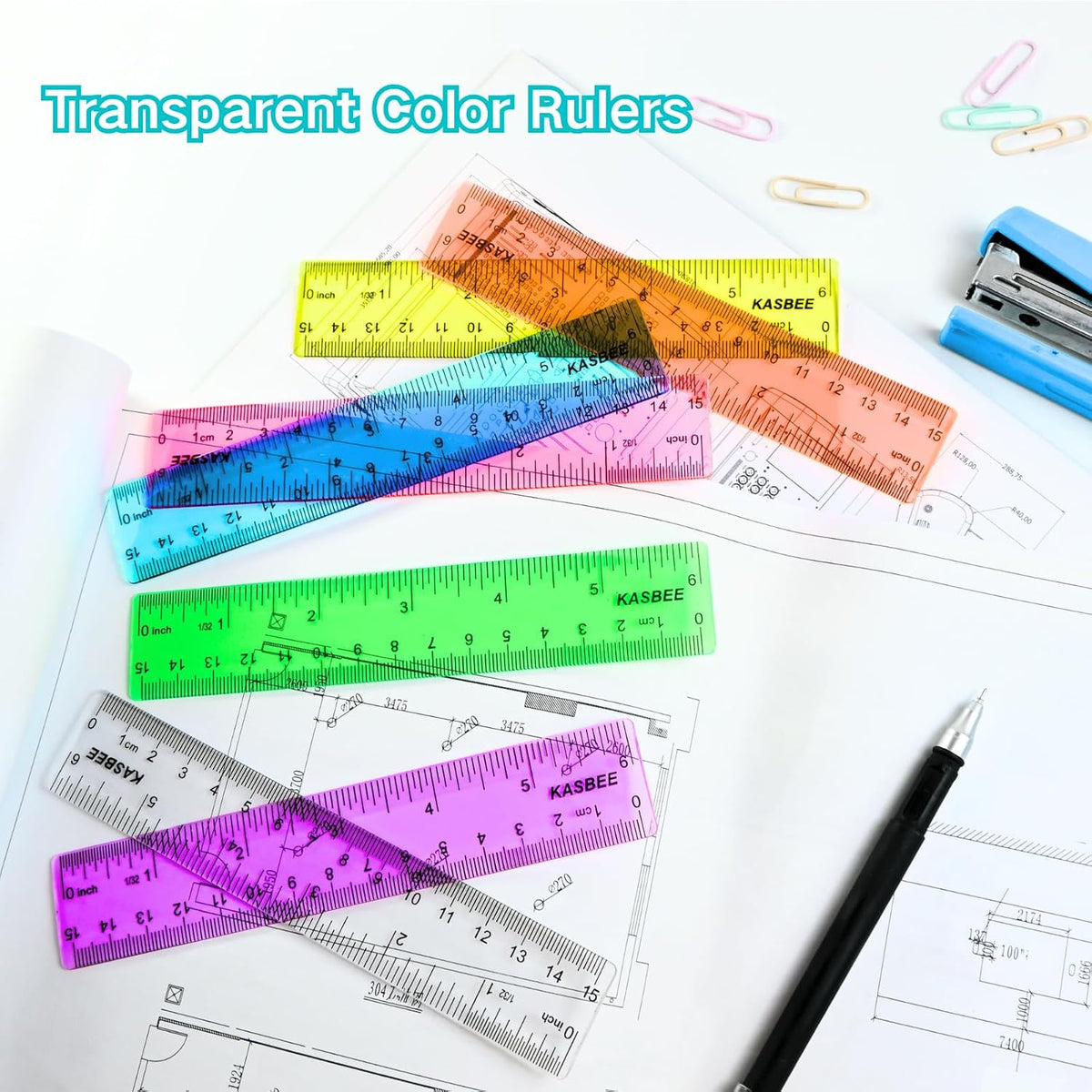 6 Inch Ruler Plastic, Colored Clear Rulers for Kids, School, Office, 7PCS