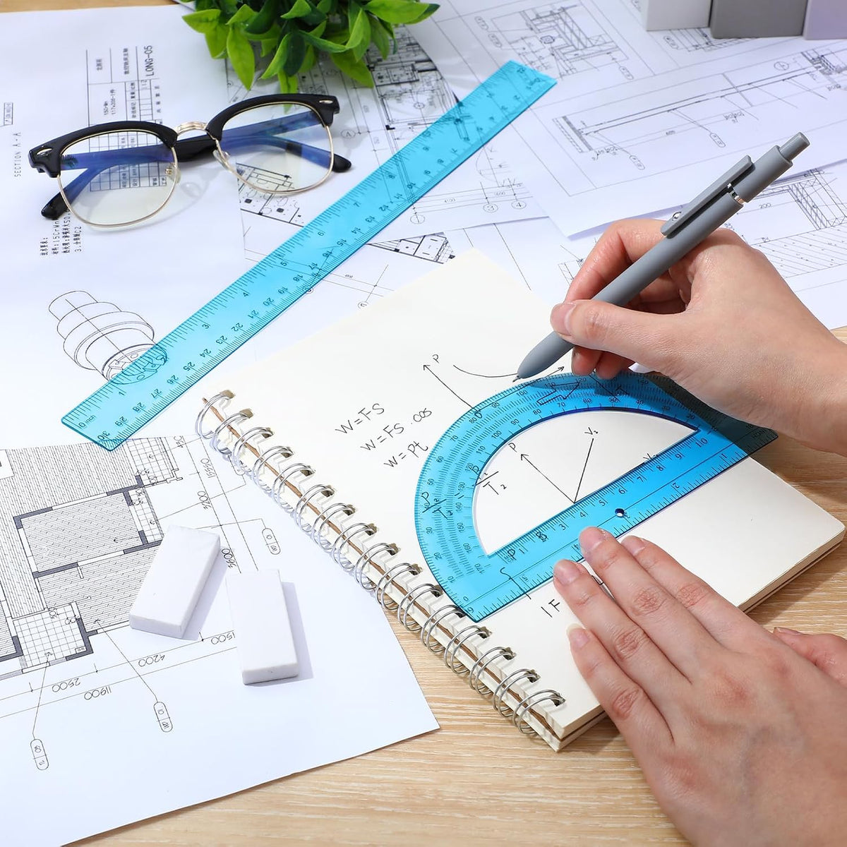 Zonon 2 Pcs 12 Inch Clear Ruler and 6 Inch Plastic Protractor Set, Blue