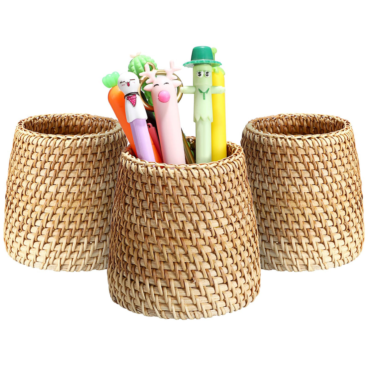 BTSKY Rattan Pen Cup, Handmade Desk Pencil Holders Makeup Brush Holder Multi-Functional Woven Basket Office&Home Desktop Organizer(Cone)