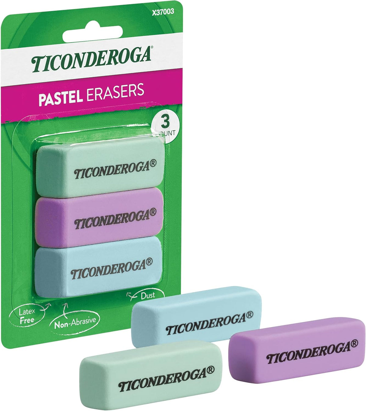 Ticonderoga Wedge Erasers, Pastel Colors, 3 Count