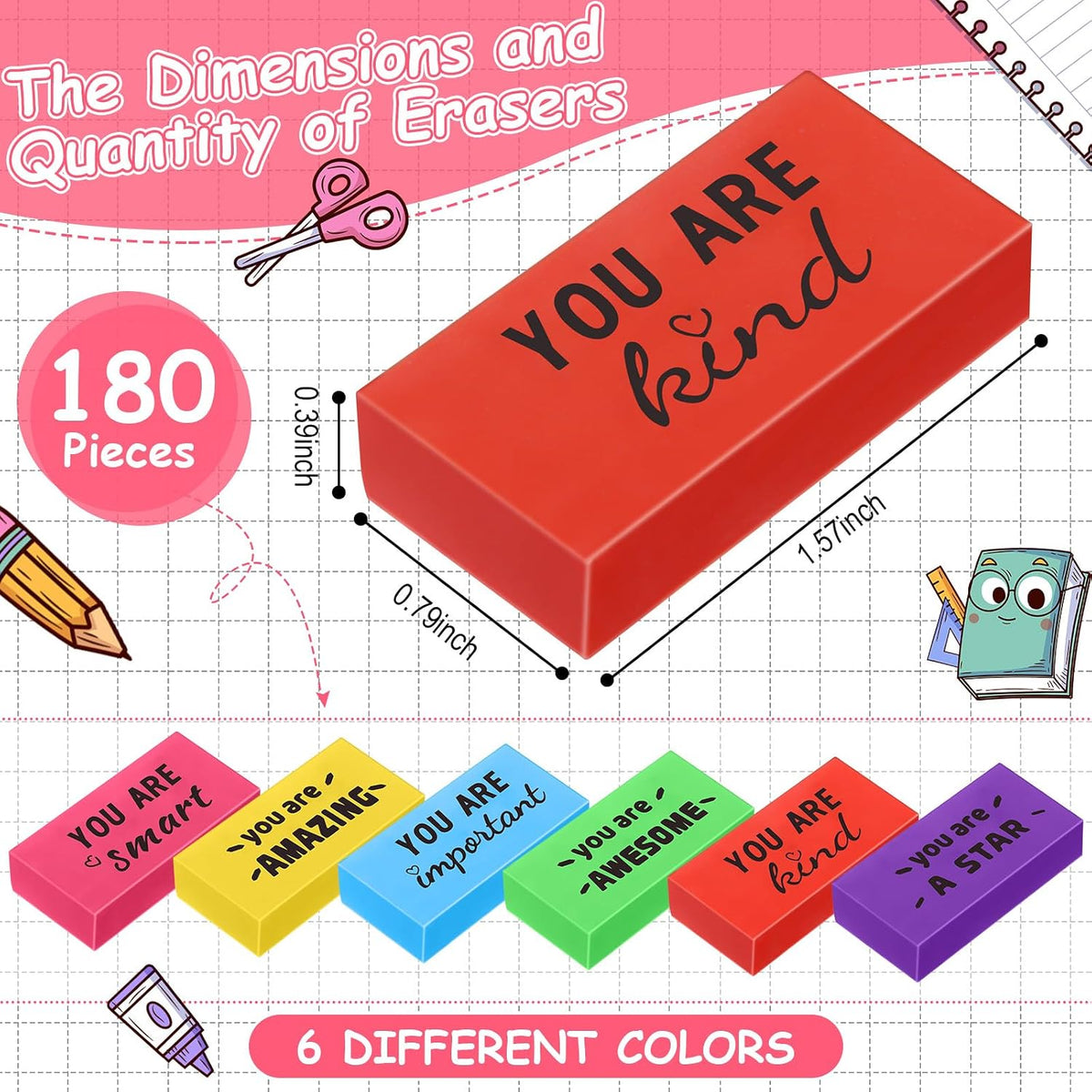 Resurhang 180 Pcs Inspirational Erasers,Motivational,Multicolor