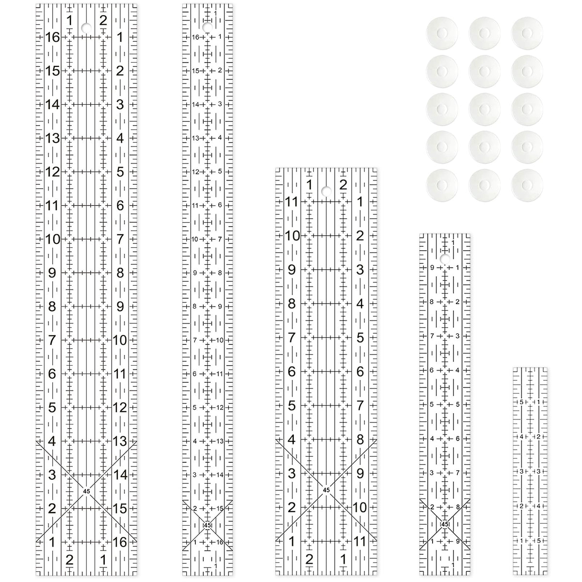 Sewing Ruler,5 Piece Quilting Rulers,3 x17 Inch,1.5 x17 Inch,3 x12 Inch,1.5 x10 Inch,1 x6 Inch,Acrylic Ruler,Cutting Ruler with Non-Slip Rings (Black and White)