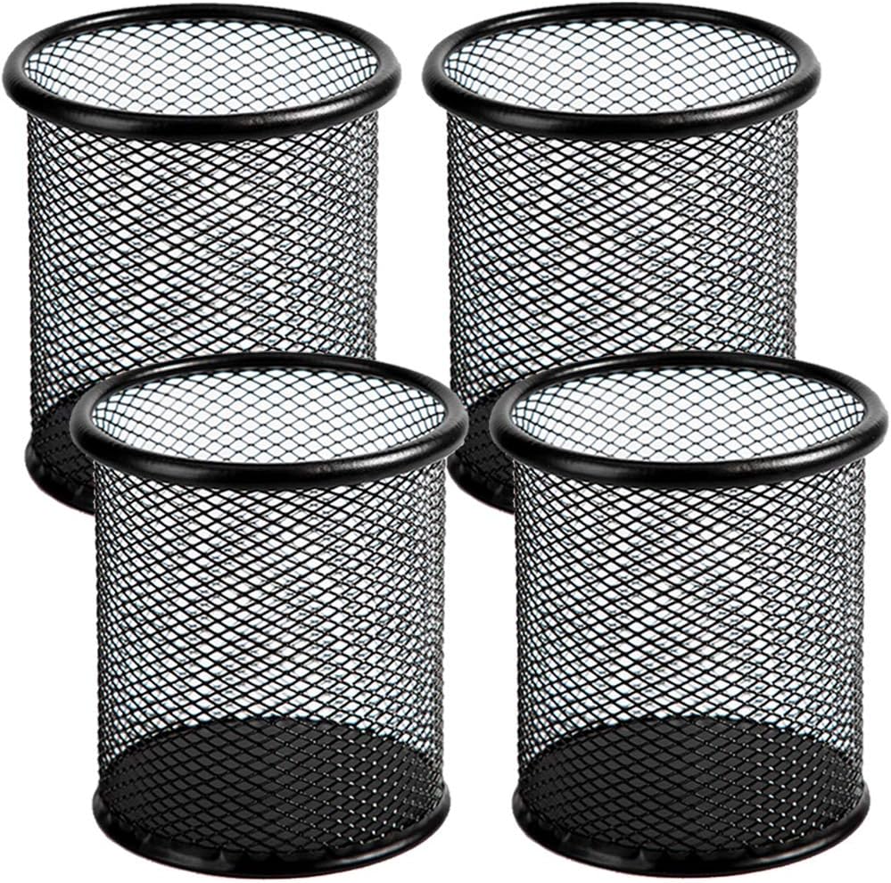Ameceres 4 Packs Metal Pencil Cup Wire Mesh Pen Holder for Desk (Black)