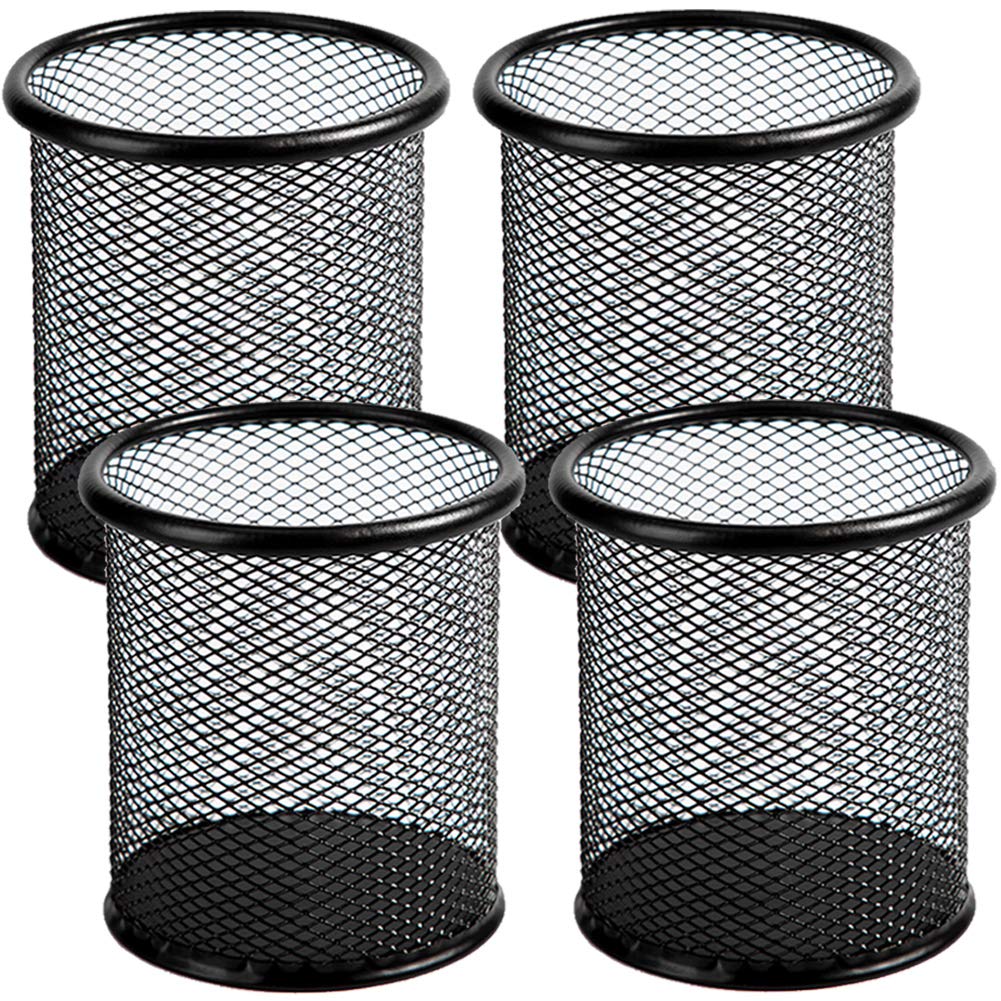 Ameceres 4 Packs Metal Pencil Cup Wire Mesh Pen Holder for Desk (Black)