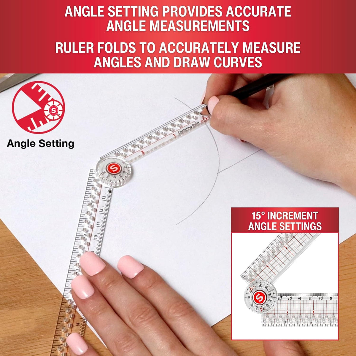 SINGER 12-Inch Folding Ruler with Precision Marking & Zero-Centering for Sewing, Quilting, Crafting & Patternmaking - Clear Metric Ruler - 15 Increment Quick Angle Ruler, Folds to 6”