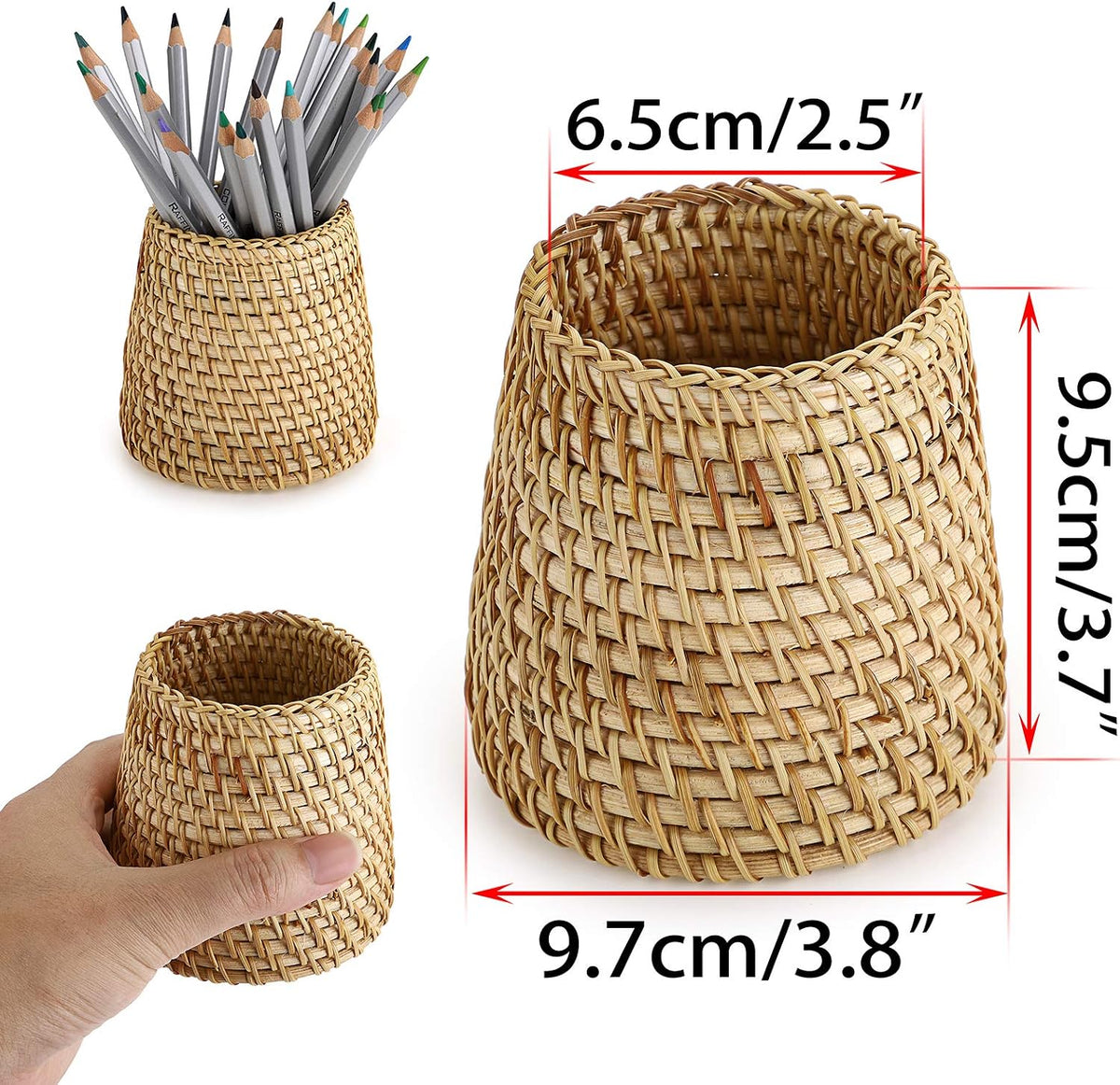 BTSKY Rattan Pen Cup, Handmade Desk Pencil Holders Makeup Brush Holder Multi-Functional Woven Basket Office&Home Desktop Organizer(Cone)