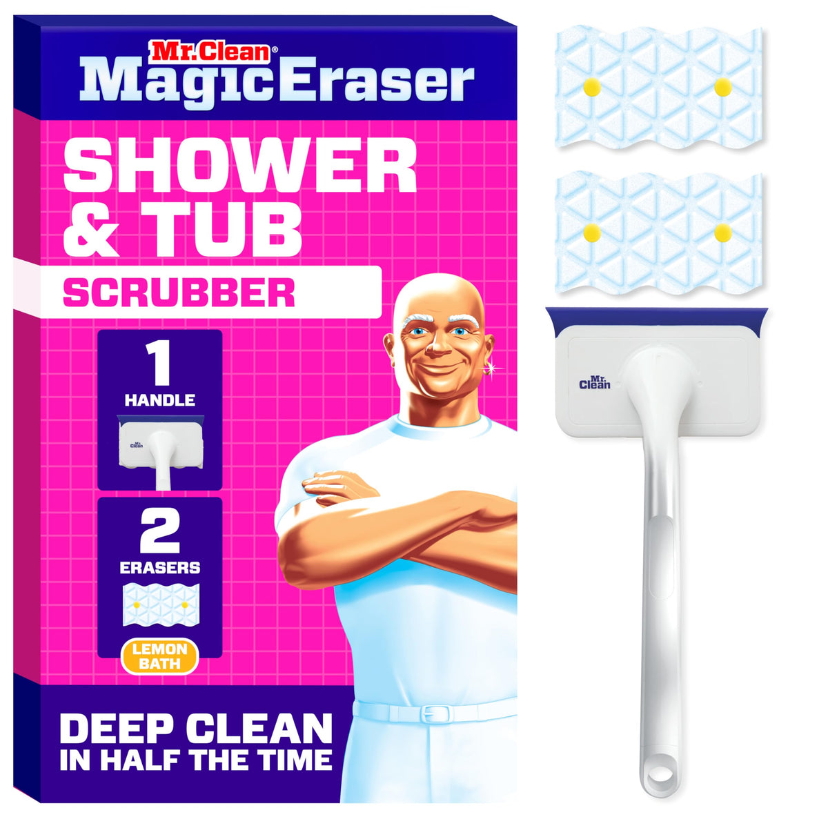 Mr. Clean Magic Eraser Shower & Tub Scrubber, Bathroom Cleaner, All in One Bathroom Cleaner, Lemon Starter Kit, 2 Scrubber, 5 Foaming Magic Erasers, 1 Whole Home Extra Durable Magic Eraser