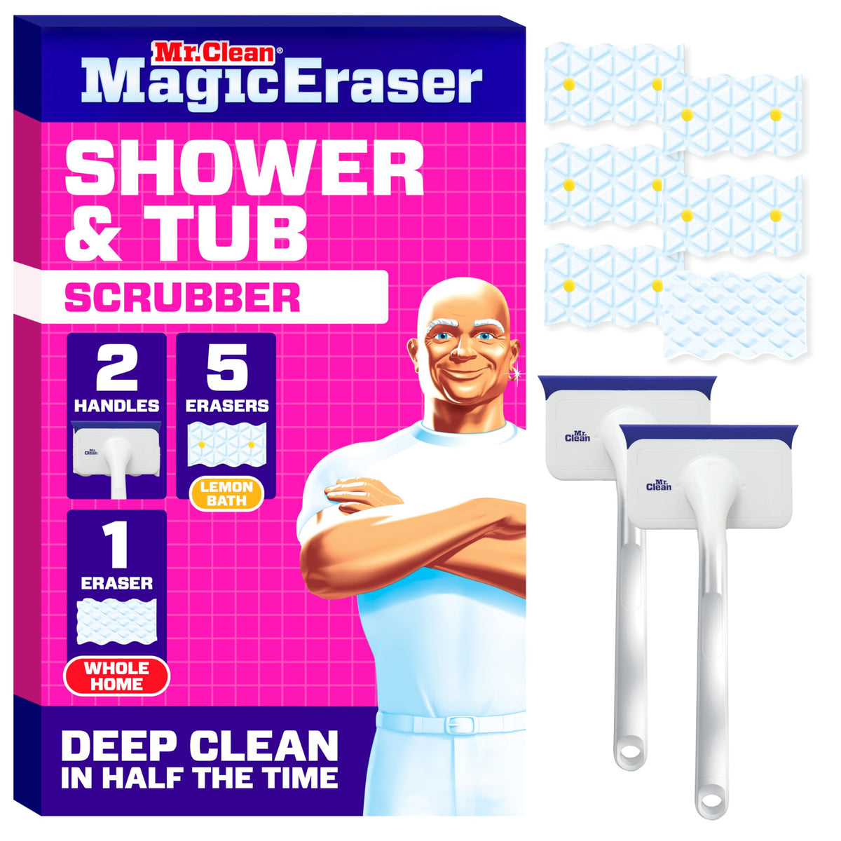 Mr. Clean Magic Eraser Shower & Tub Scrubber, Bathroom Cleaner, All in One Bathroom Cleaner, Lemon Starter Kit, 2 Scrubber, 5 Foaming Magic Erasers, 1 Whole Home Extra Durable Magic Eraser
