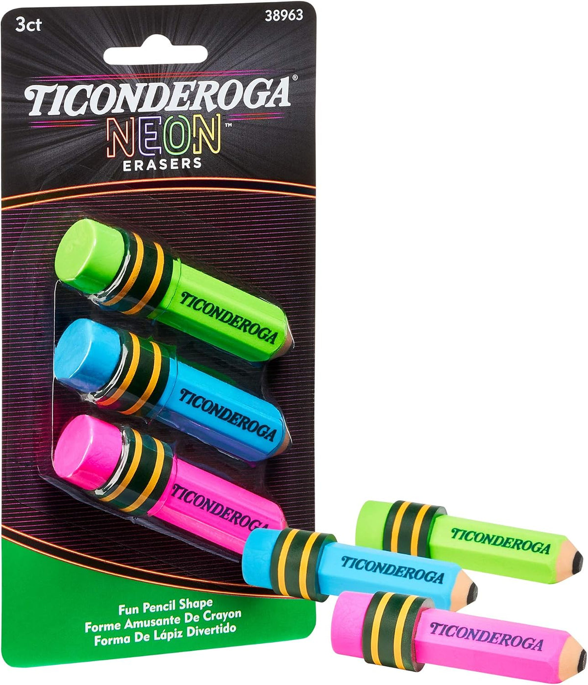 Ticonderoga Pencil Shaped Erasers, Neon, 3 Count