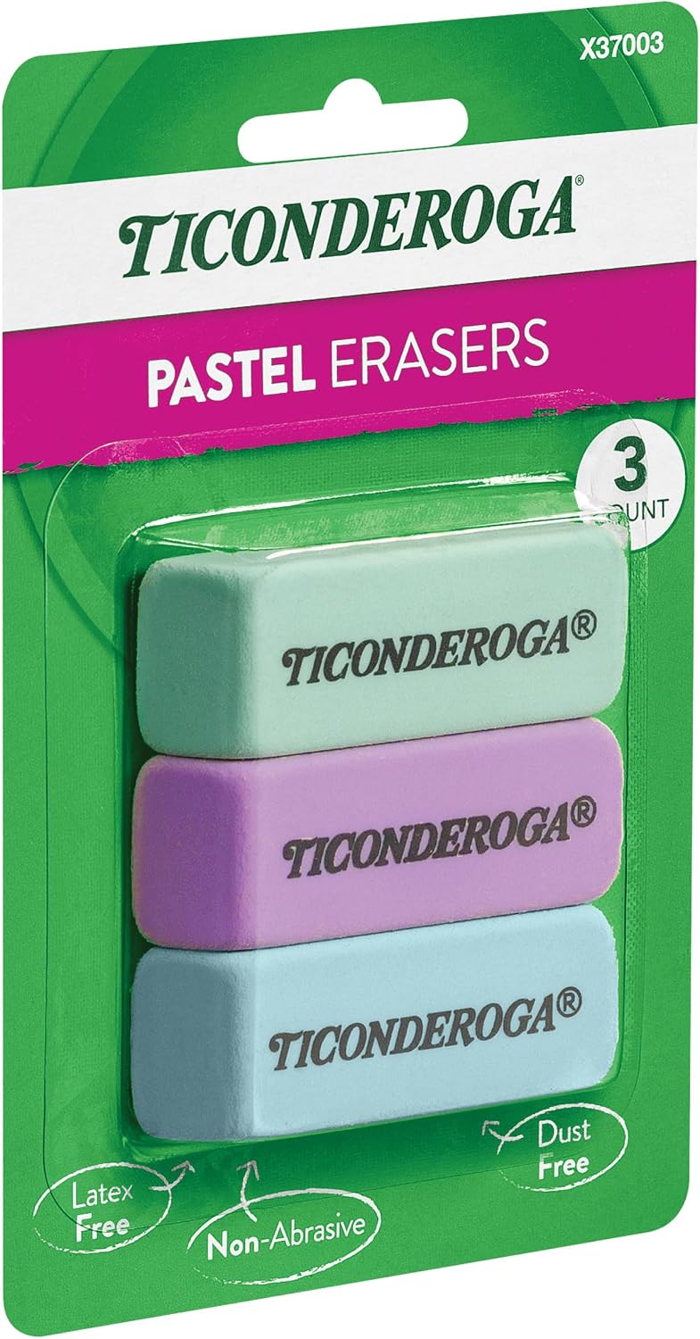 Ticonderoga Wedge Erasers, Pastel Colors, 3 Count