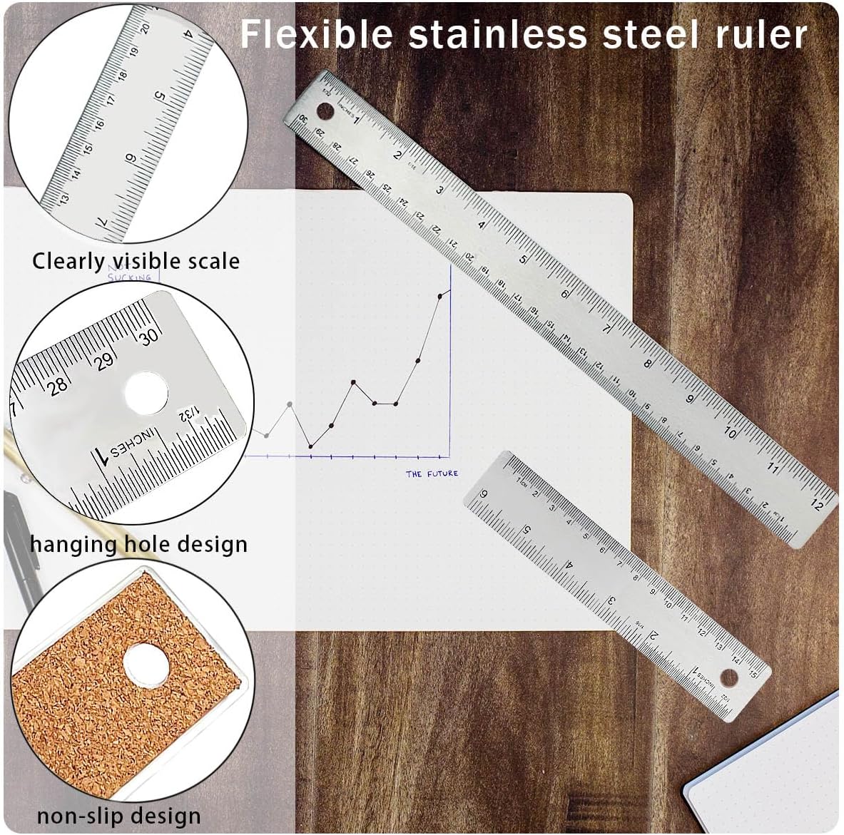 Metal Ruler 6 Inch 12 Inch Stainless Steel Metal Ruler with Cork Backing, Non-Slip Rulers with Inch and Centimeters, Straight Edge Cork Base Rulers for Student School Office Drafting Tools